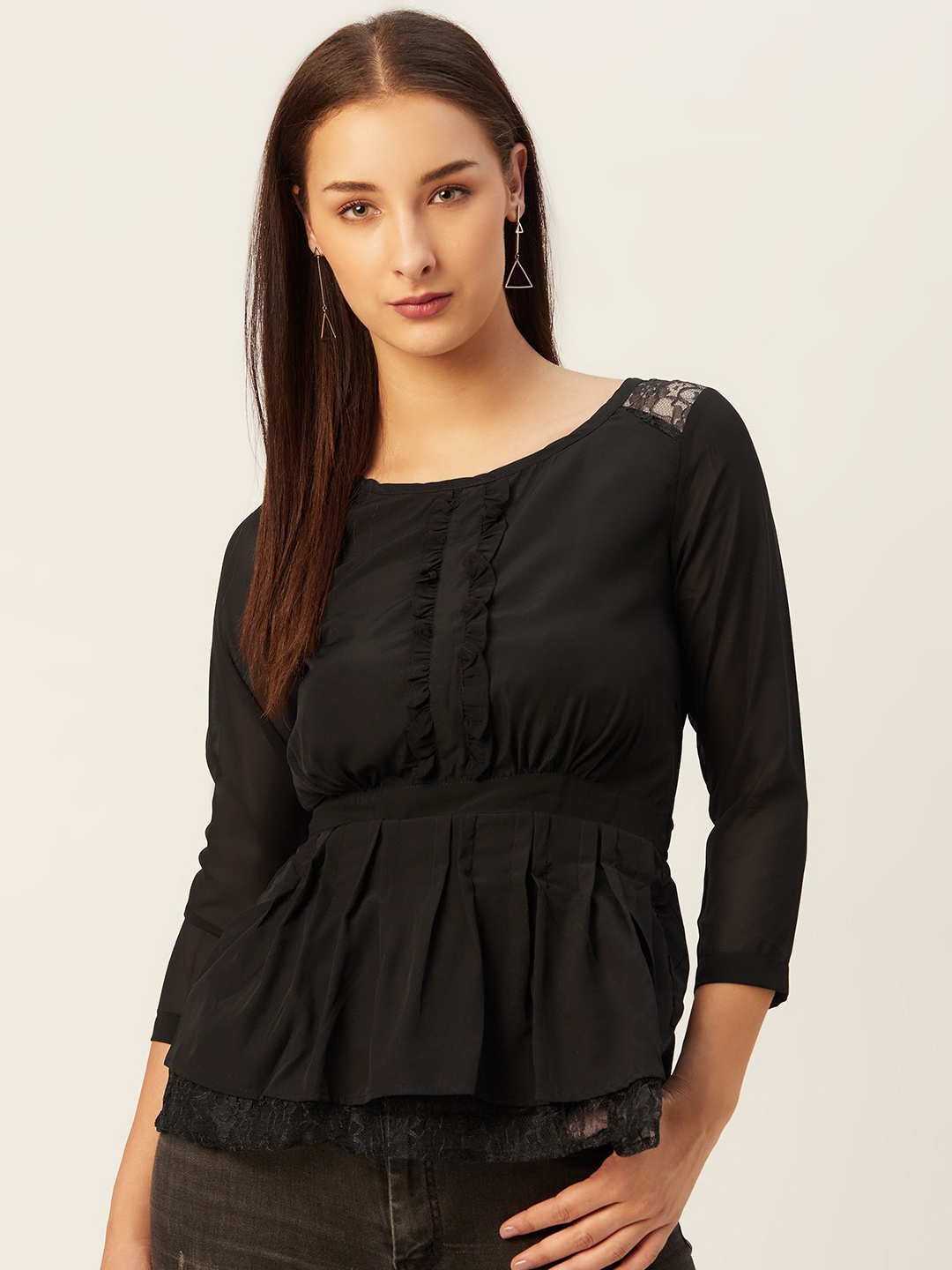 

Belle Fille Black Puff Sleeves Layered Cinched Waist Top