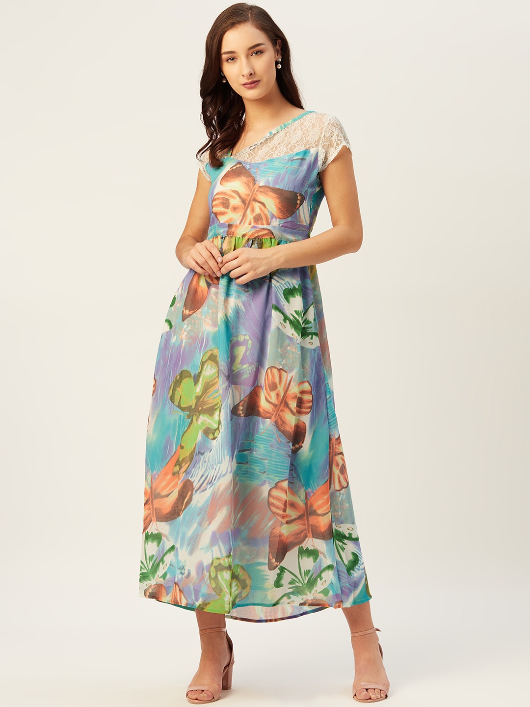 

Belle Fille Women Multicoloured Printed A-Line Dress With Lace Inserts, Multi
