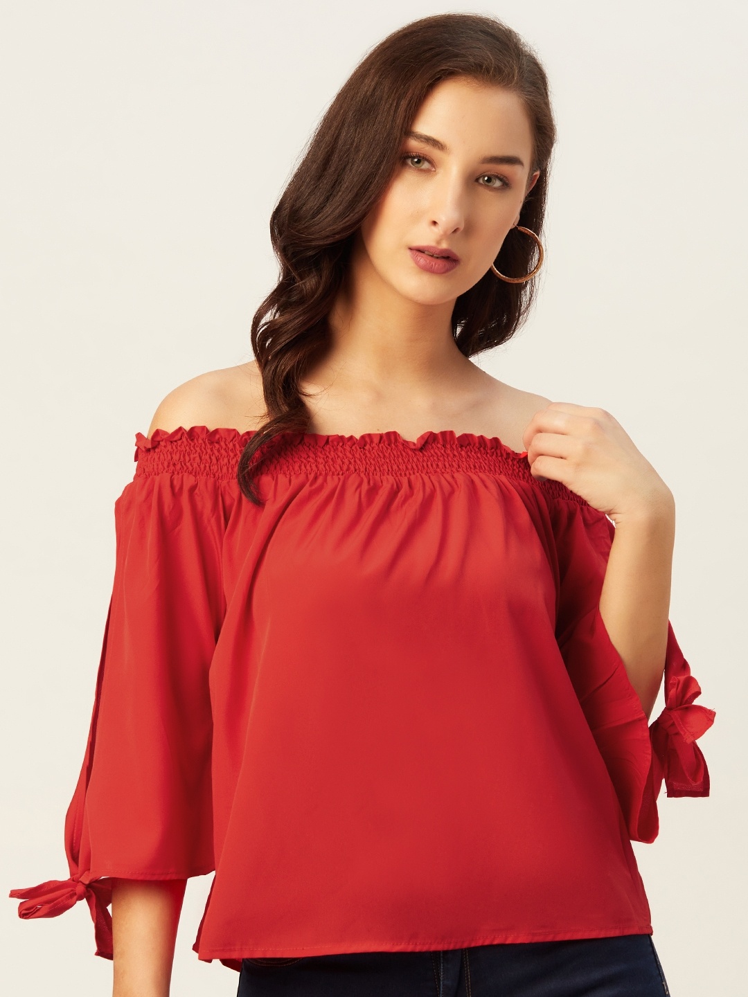 

Belle Fille Red Off-Shoulder Puff Sleeves Bardot Top