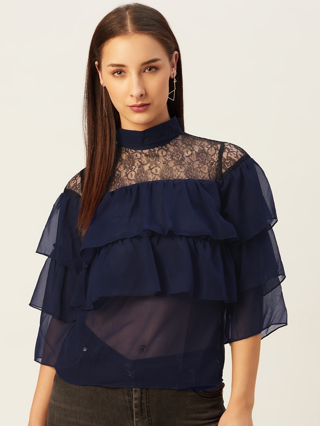 

Belle Fille Navy Blue Bell Sleeves Layered Regular Top