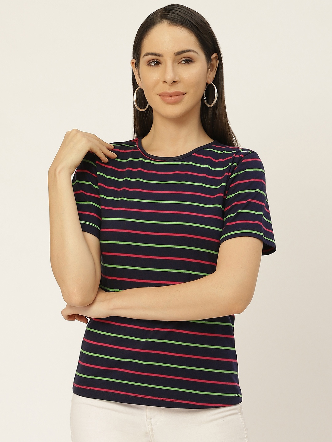 

Belle Fille Women Navy Blue Striped Round Neck T-shirt