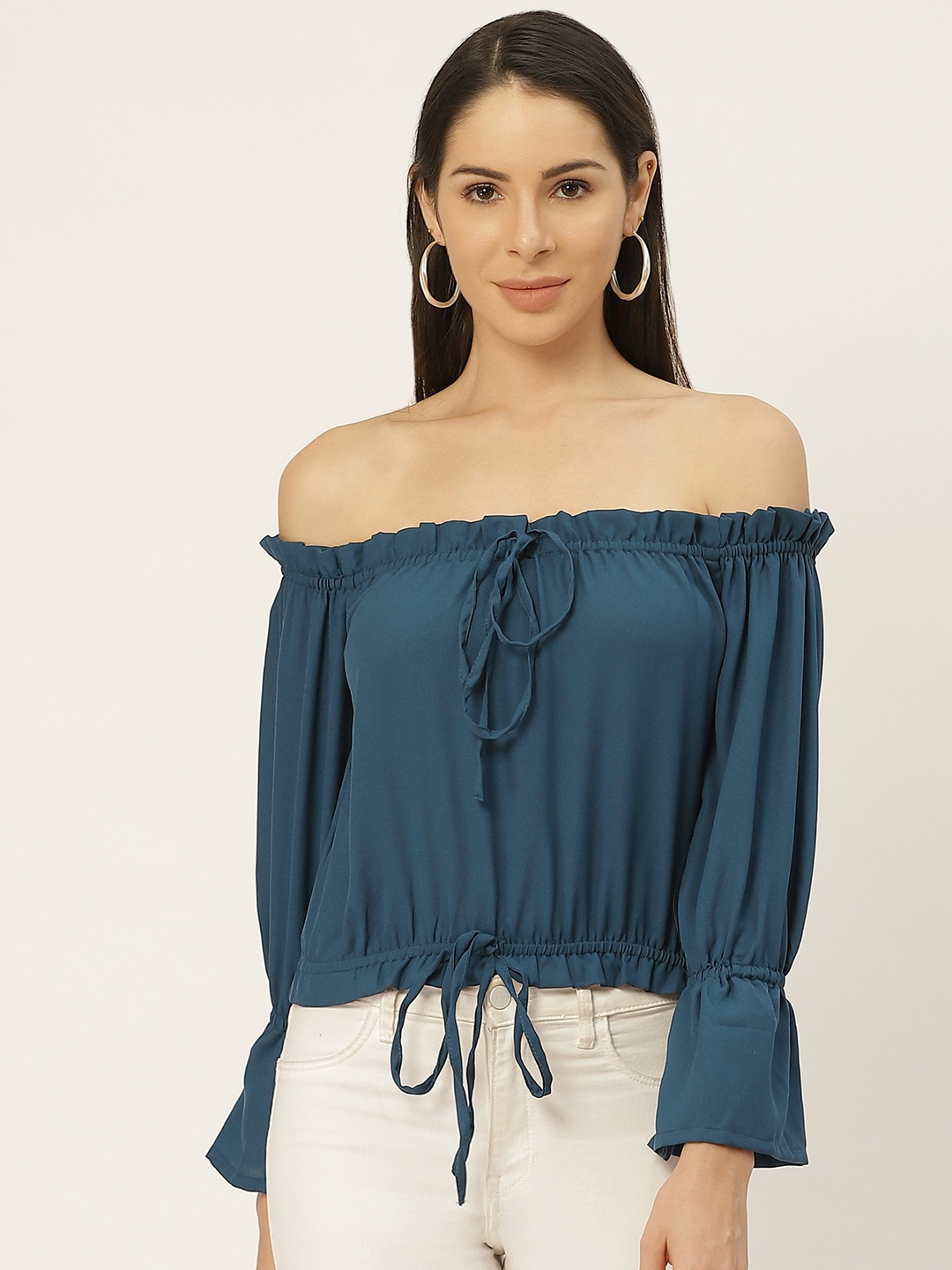 

Belle Fille Teal Off-Shoulder Bell Sleeves Crepe Bardot Top