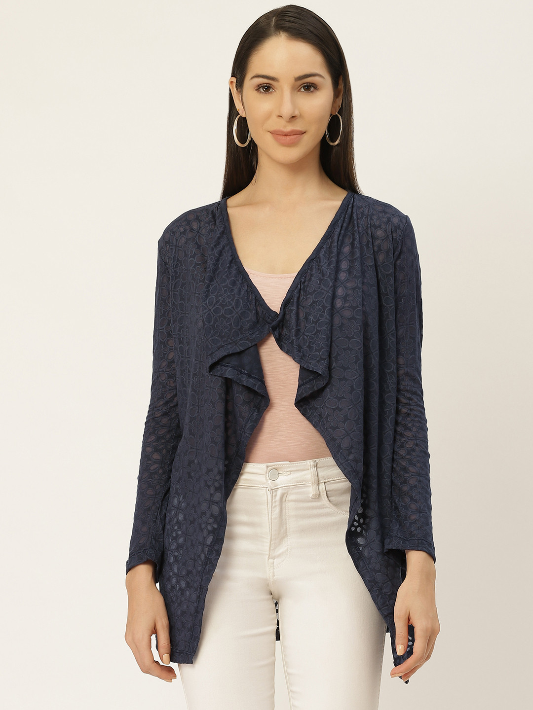 

Belle Fille Women Navy Blue & Grey Printed Open Front Shrug