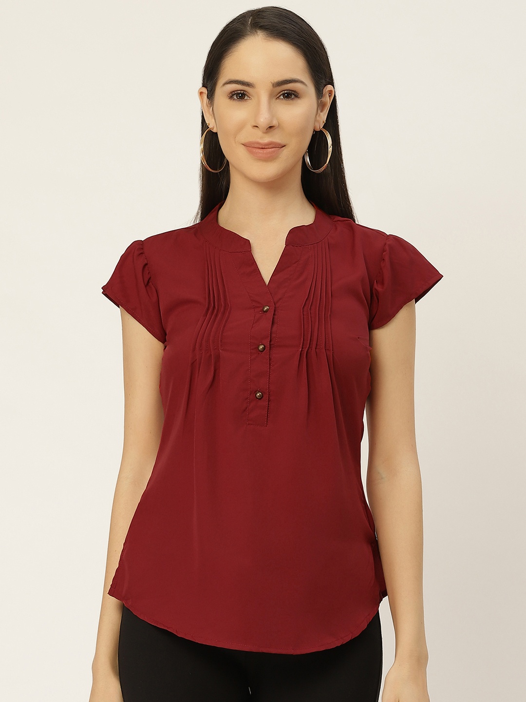 

Belle Fille Maroon Mandarin Collar Crepe Regular Top