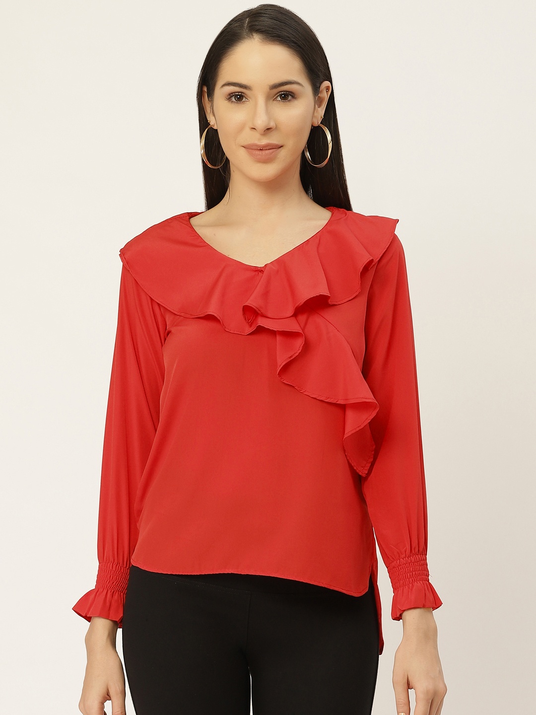 

Belle Fille Red Solid Ruffle Trim Crepe Regular Top