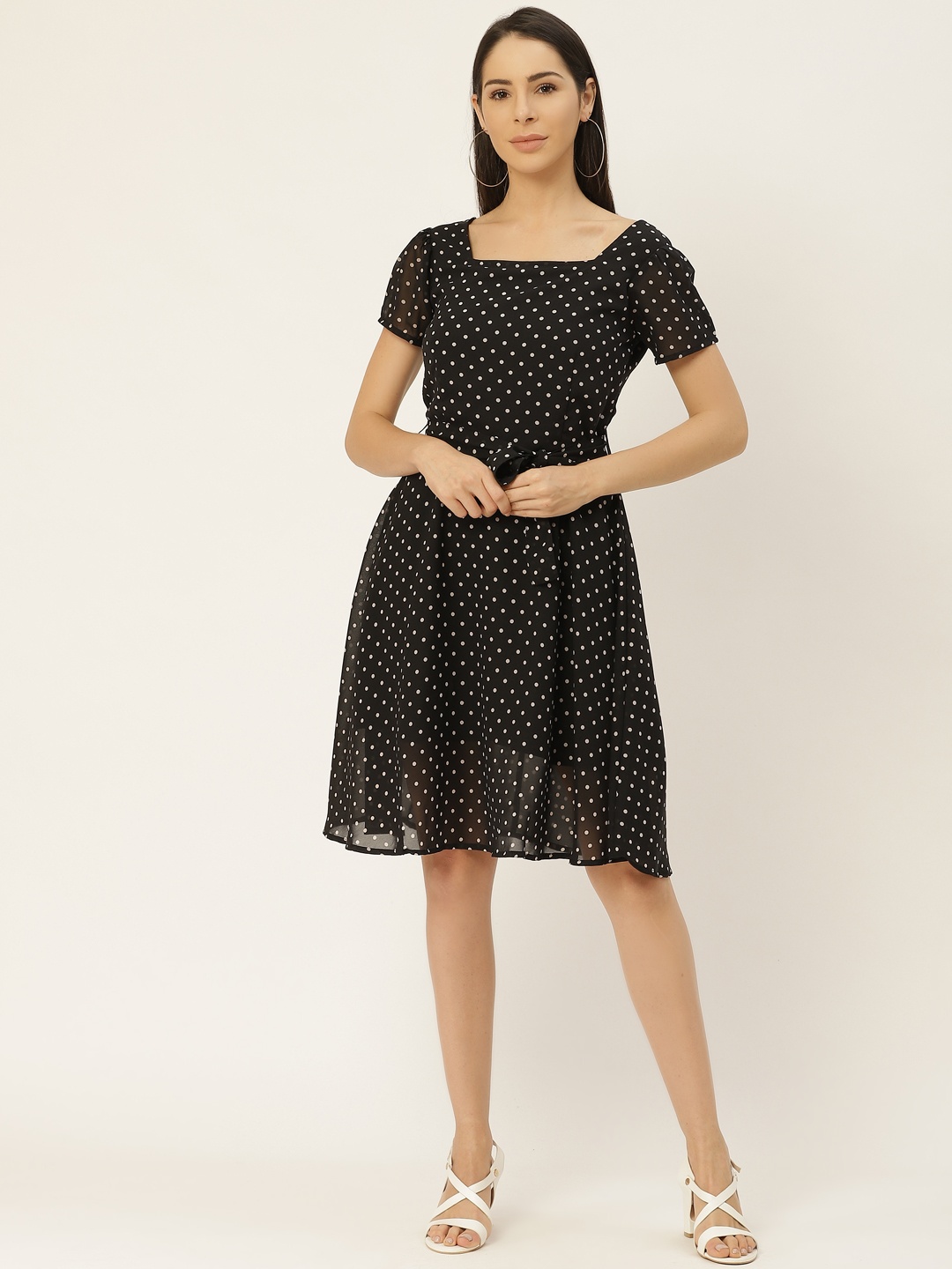 

Belle Fille Women Black & White Polka Dot Print Georgette A-Line Dress
