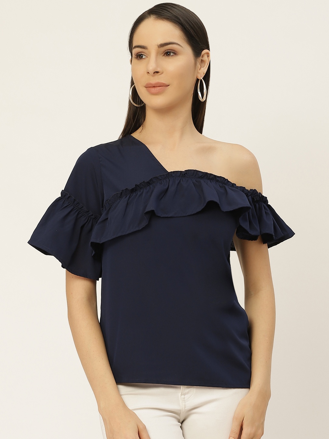

Belle Fille Navy Blue Solid One Shoulder Flared Sleeves Regular Top