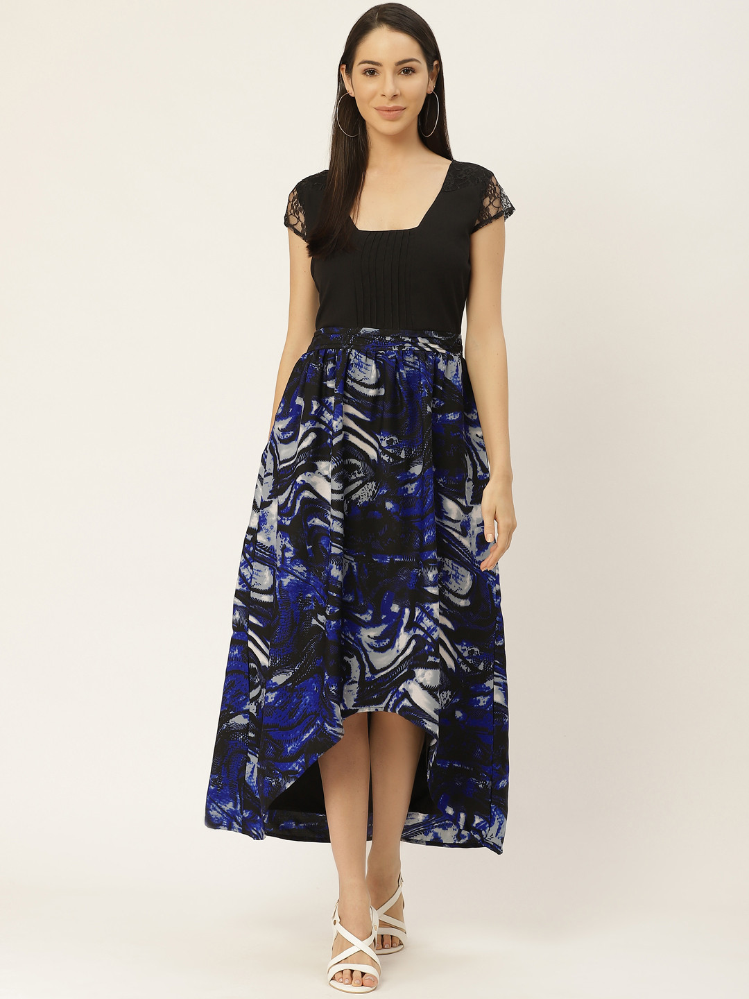 

Belle Fille Women Black & Blue Printed High-Low Maxi Dress