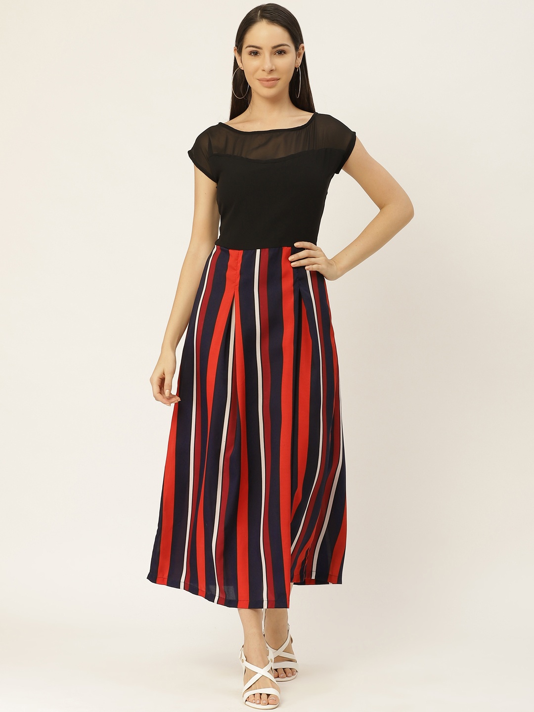 

Belle Fille Women Black & Orange Striped A-Line Dress