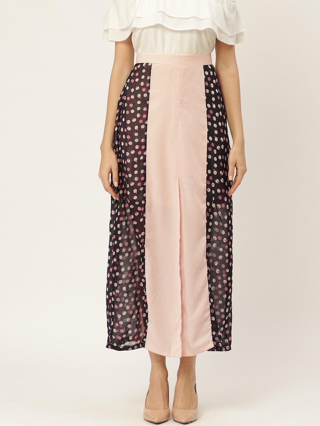 

Belle Fille Women Peach-Colored & Navy Blue Printed Maxi A-Line Skirt