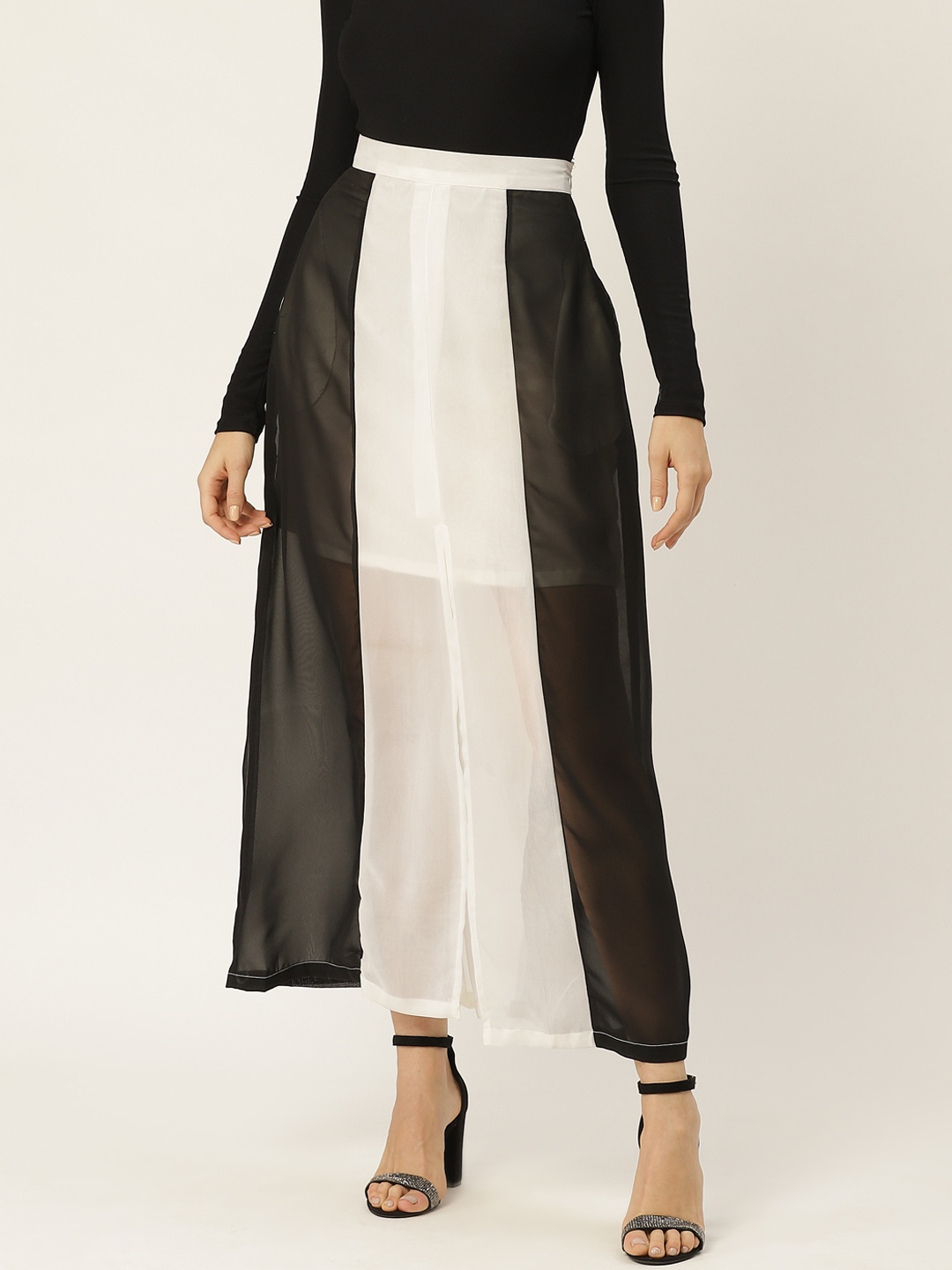 

Belle Fille Women Black & White Colourblocked A-Line Maxi Skirt
