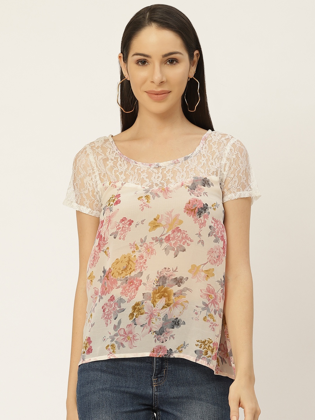 

Belle Fille Off White & Pink Floral Printed Lace Regular Top