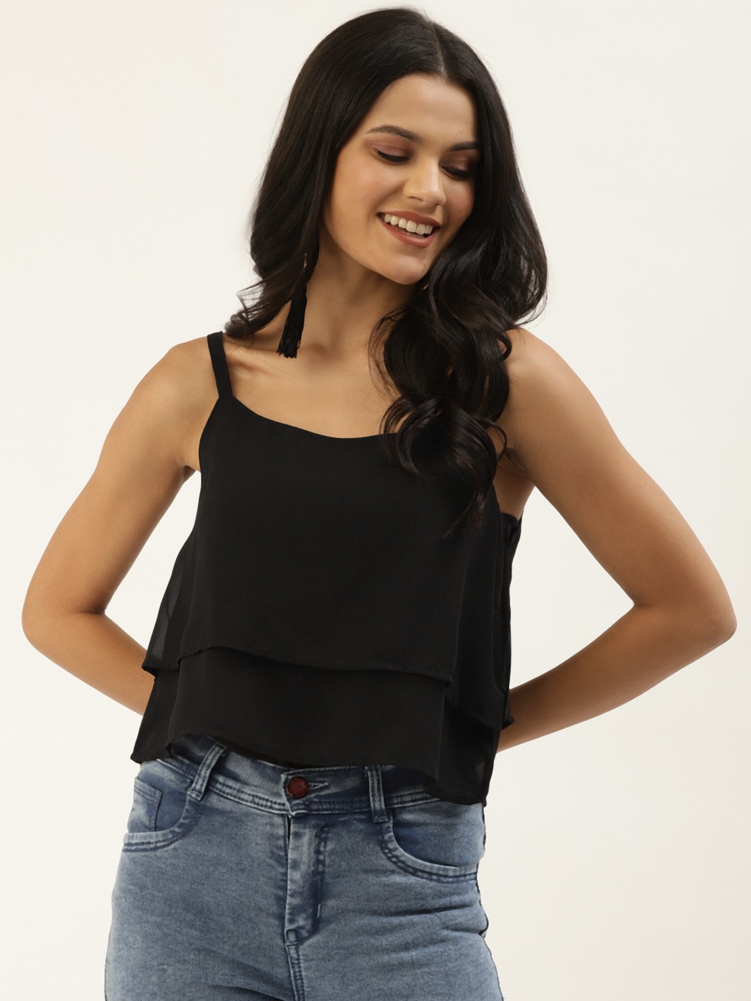 

Belle Fille Black Solid Layered Shoulder Straps Cropped Regular Top