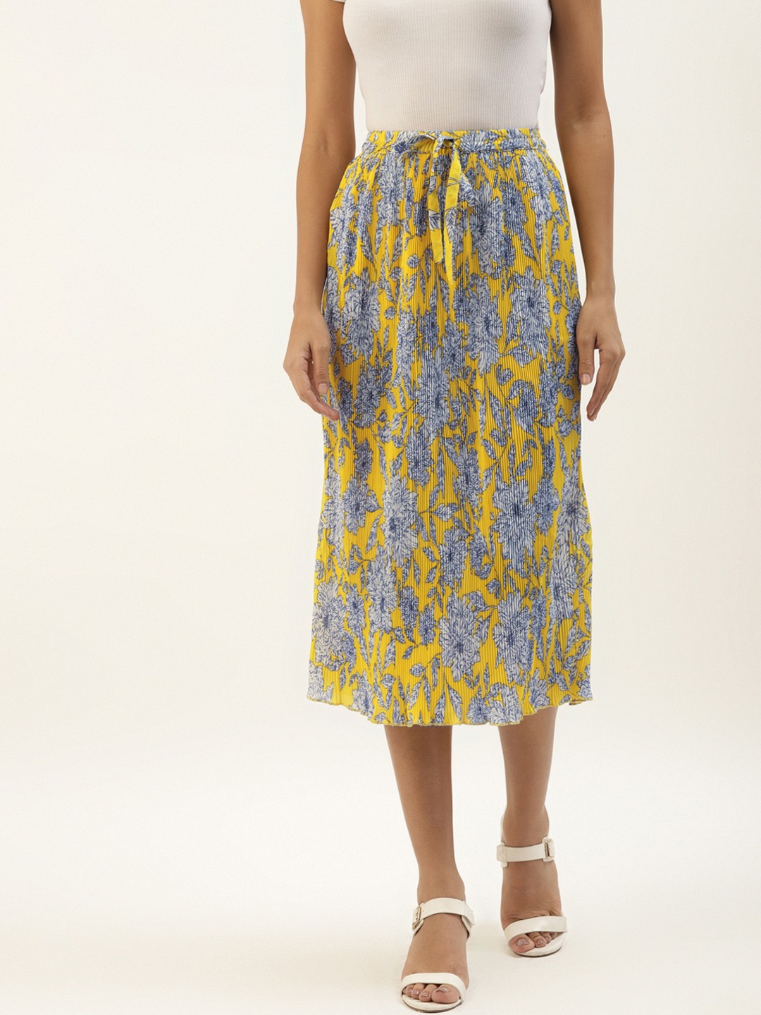 Belle Fille Women yellow & White Printed Accordion Pleated A-Line Midi Skirt