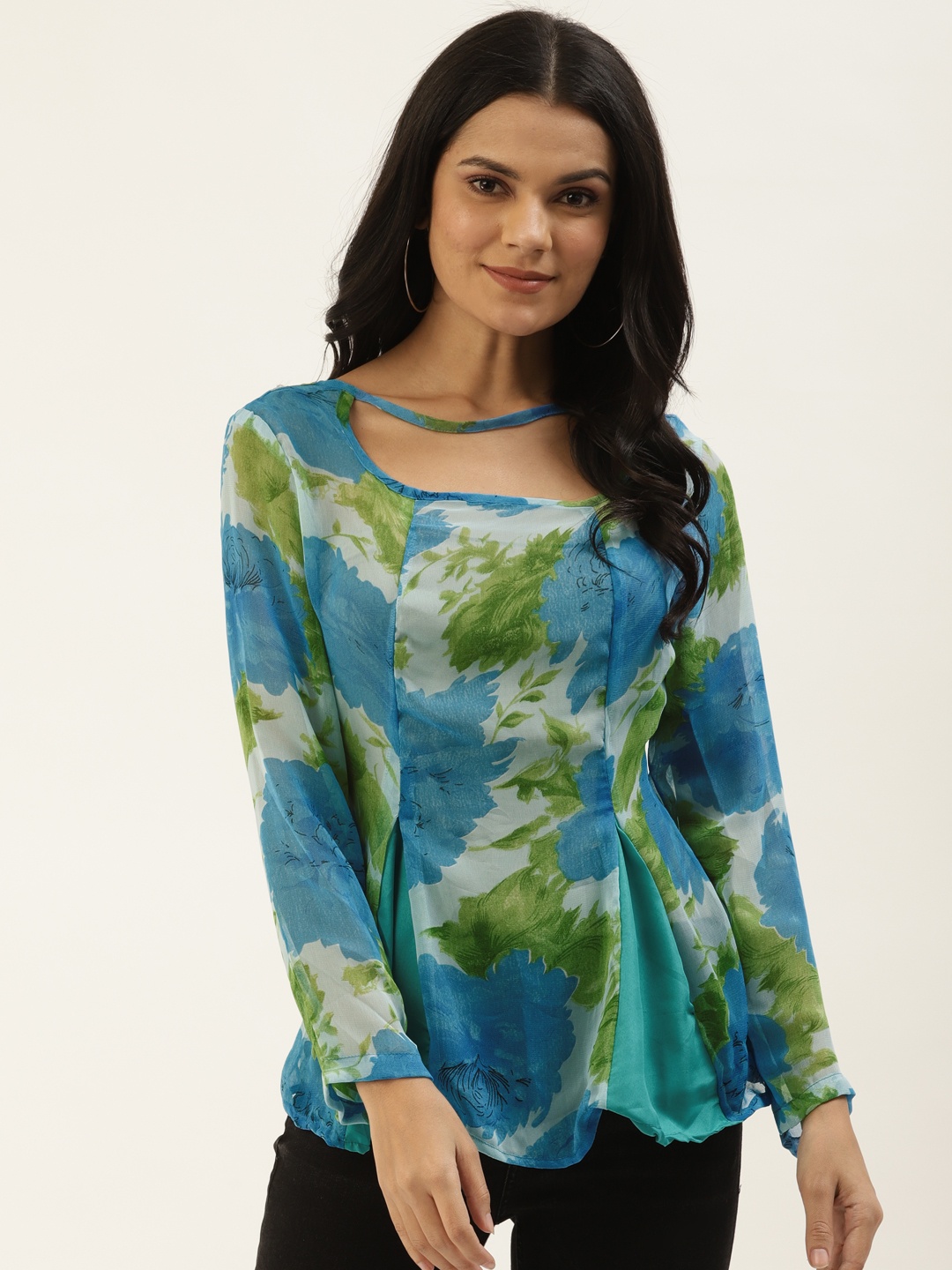 

Belle Fille Blue & Green Romantic Floral Print Cut-Out Detail A-Line Top