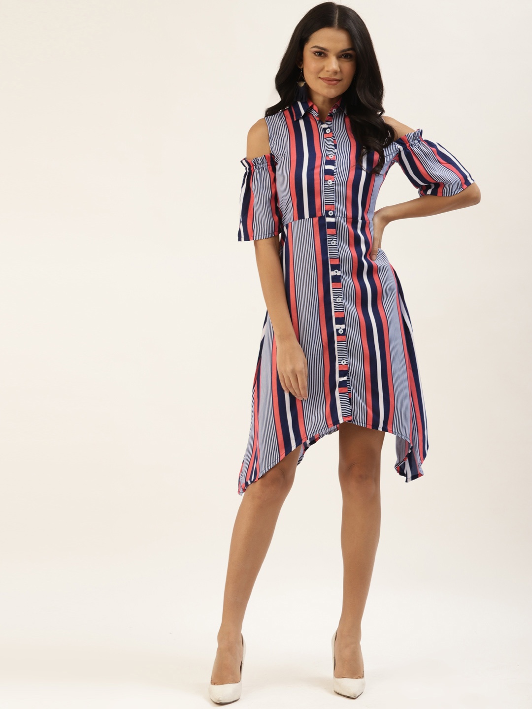 

Belle Fille Women Navy Blue & Pink Striped Shirt Dress