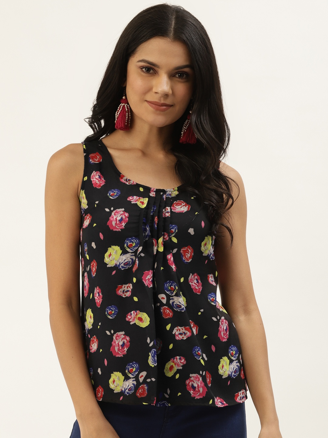 

Belle Fille Black & Pink Romantic Floral Print Pleated Detail Regular Top