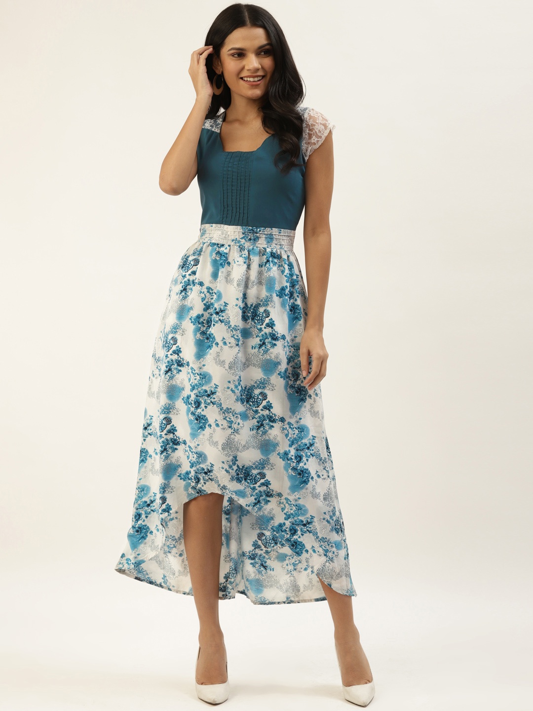 

Belle Fille Women Teal Blue & White Floral Print High Low Maxi A-Line Dress