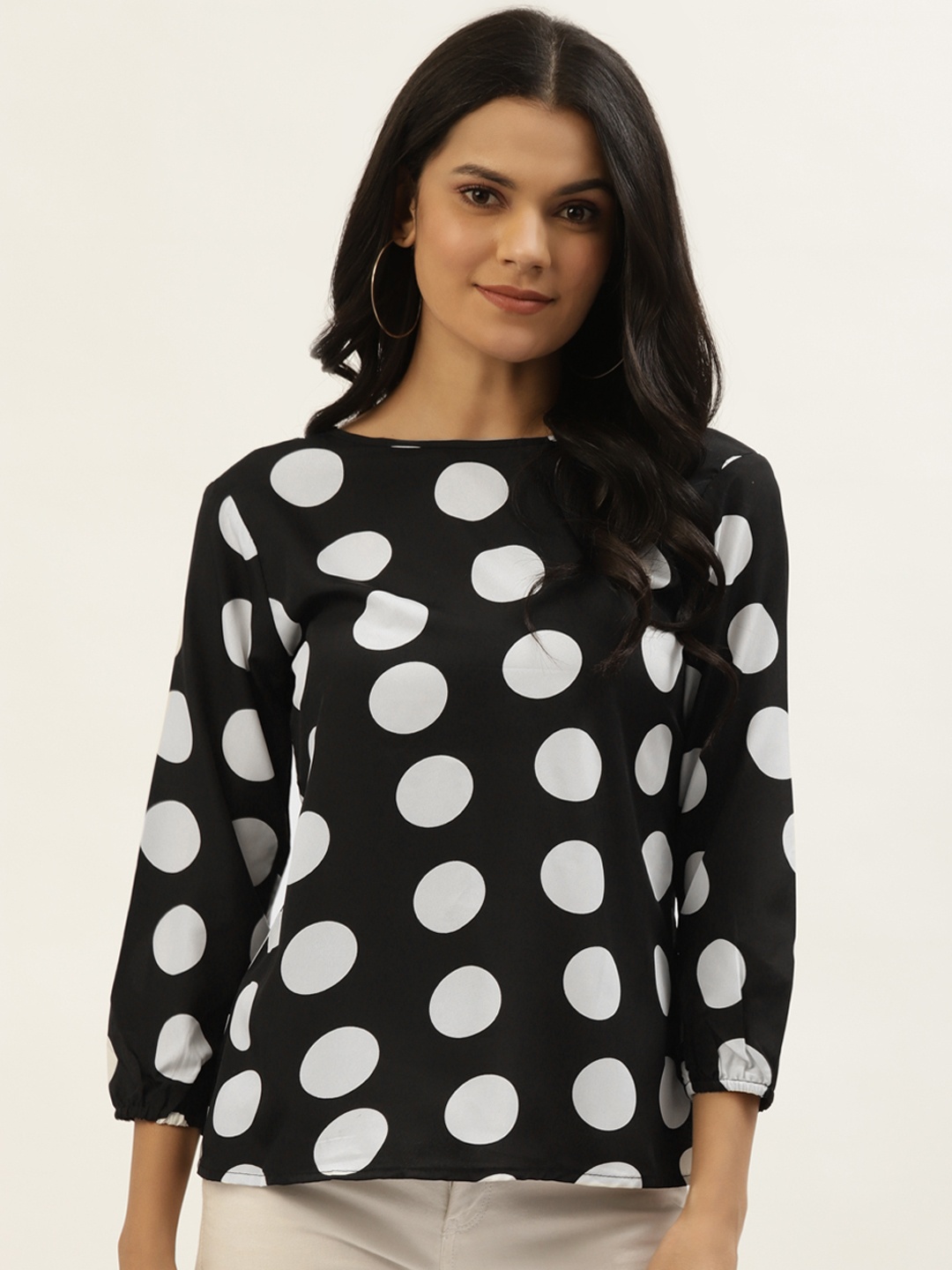 

Belle Fille Black & White Polka Dot Print Puff Sleeves Bow Detail Styled Back Top