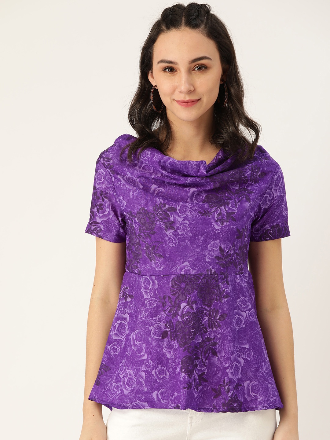 

Belle Fille Purple Floral Printed Cowl Neck Styled Back Top