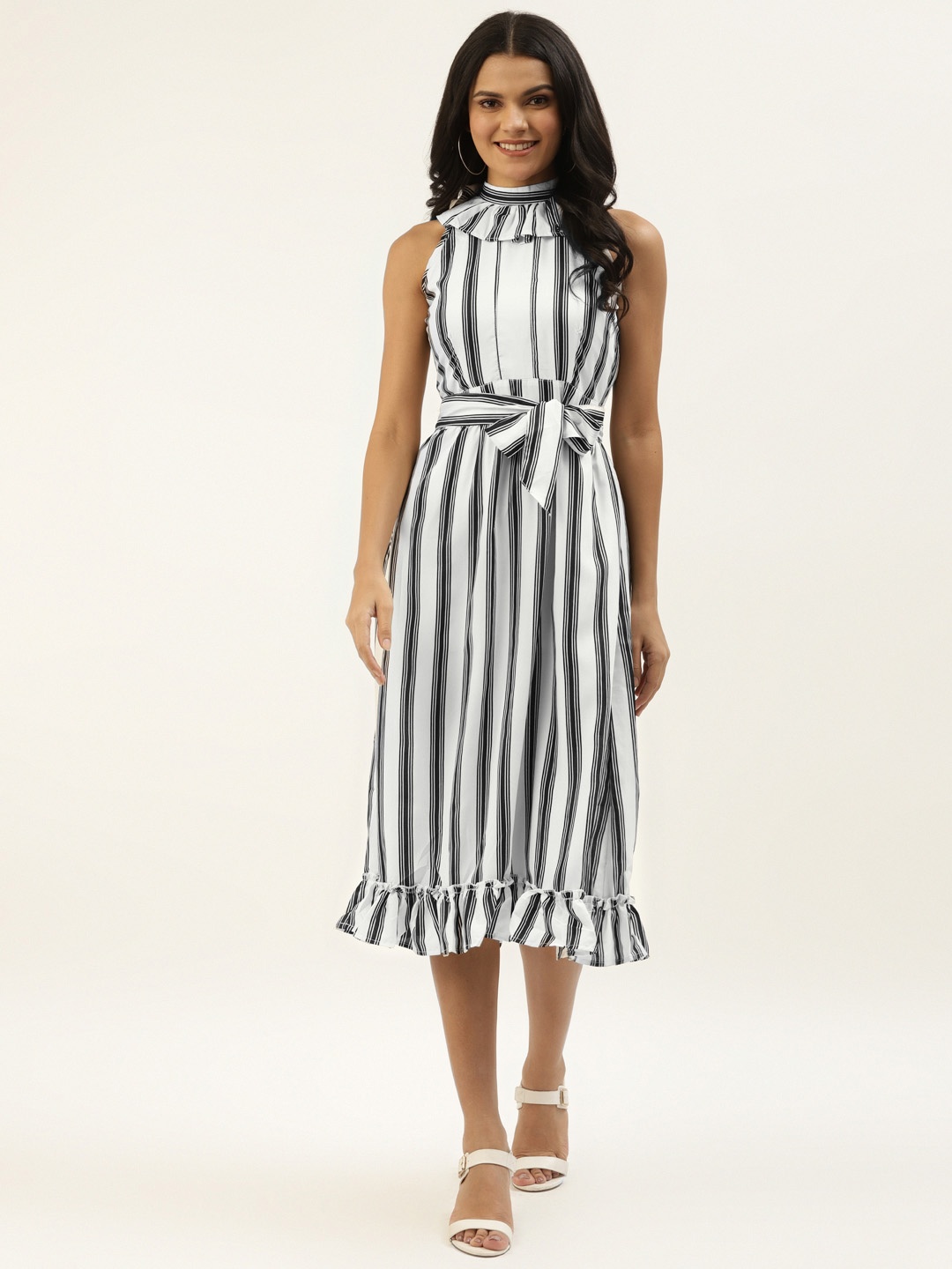 

Belle Fille Women White & Black Striped Ruffled Midi A-Line Dress with Tie-Ups
