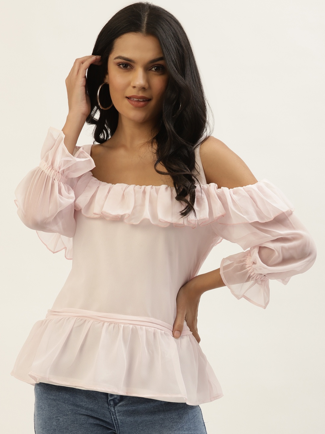 

Belle Fille Pink Solid Bell Sleeves Ruffled A-Line Top