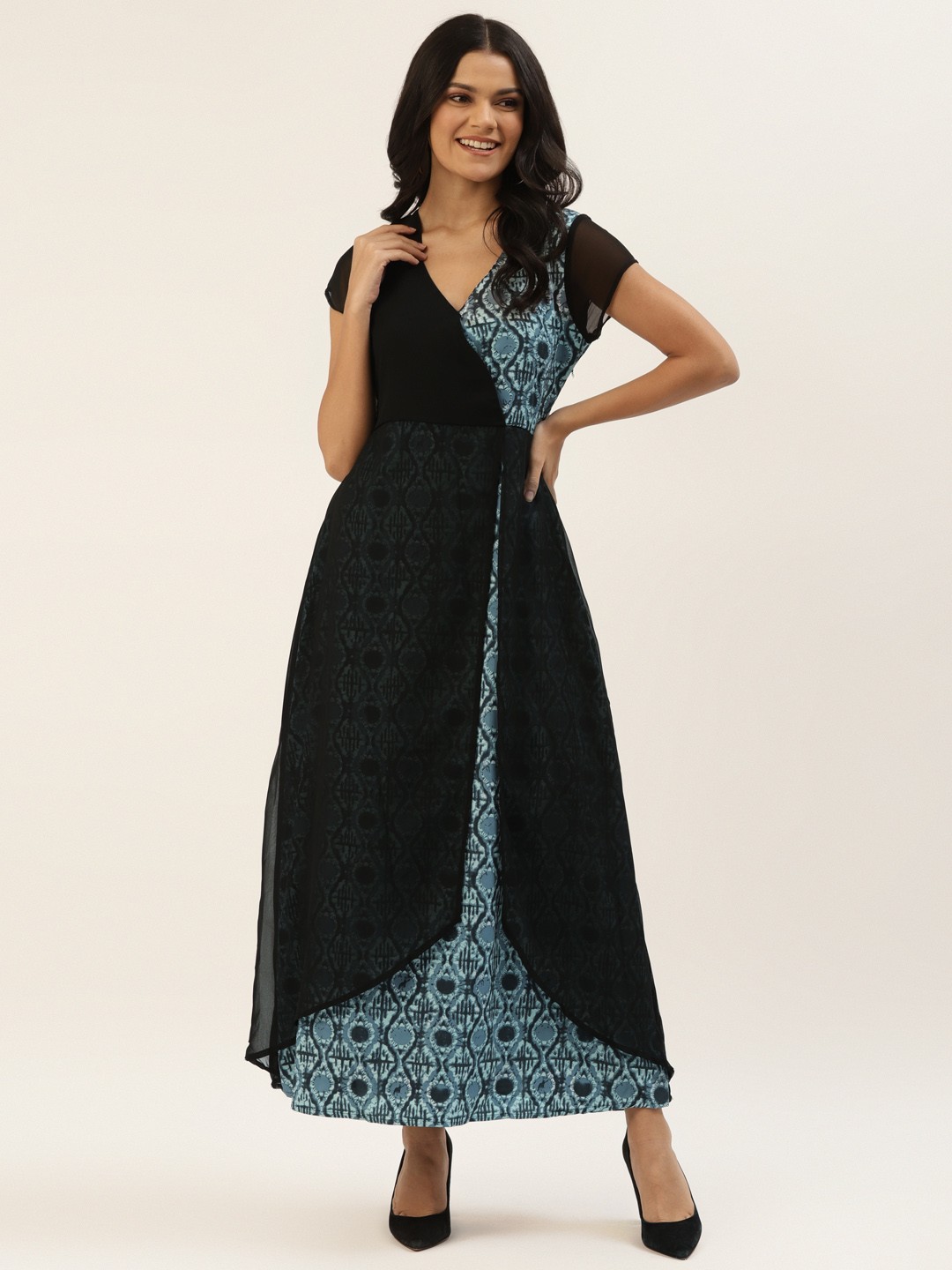 

Belle Fille Women Black & Blue Geometric Print Layered Maxi Dress with Front Slit