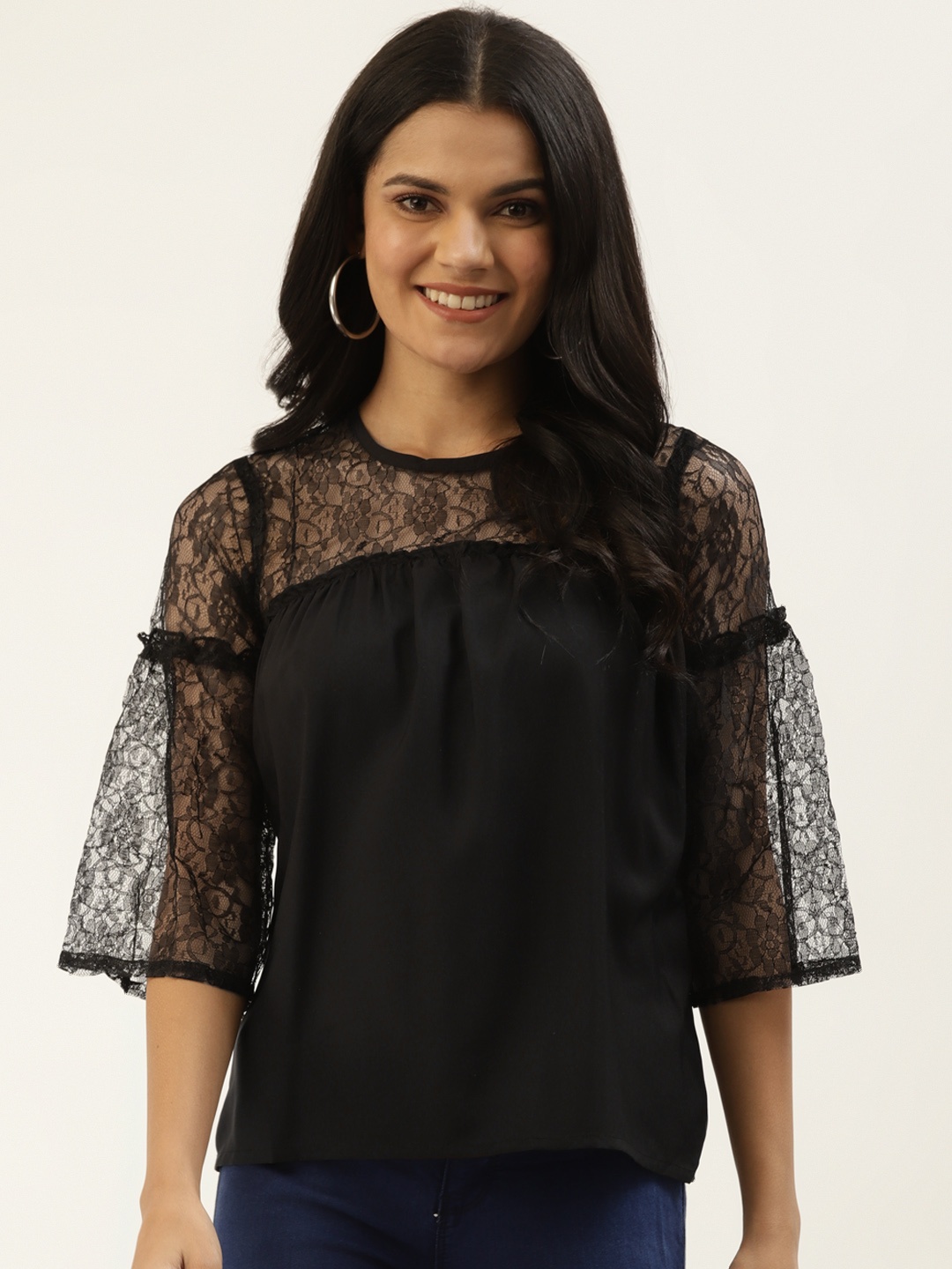 

Belle Fille Black Solid Lace Inserts Bell Sleeves Regular Top