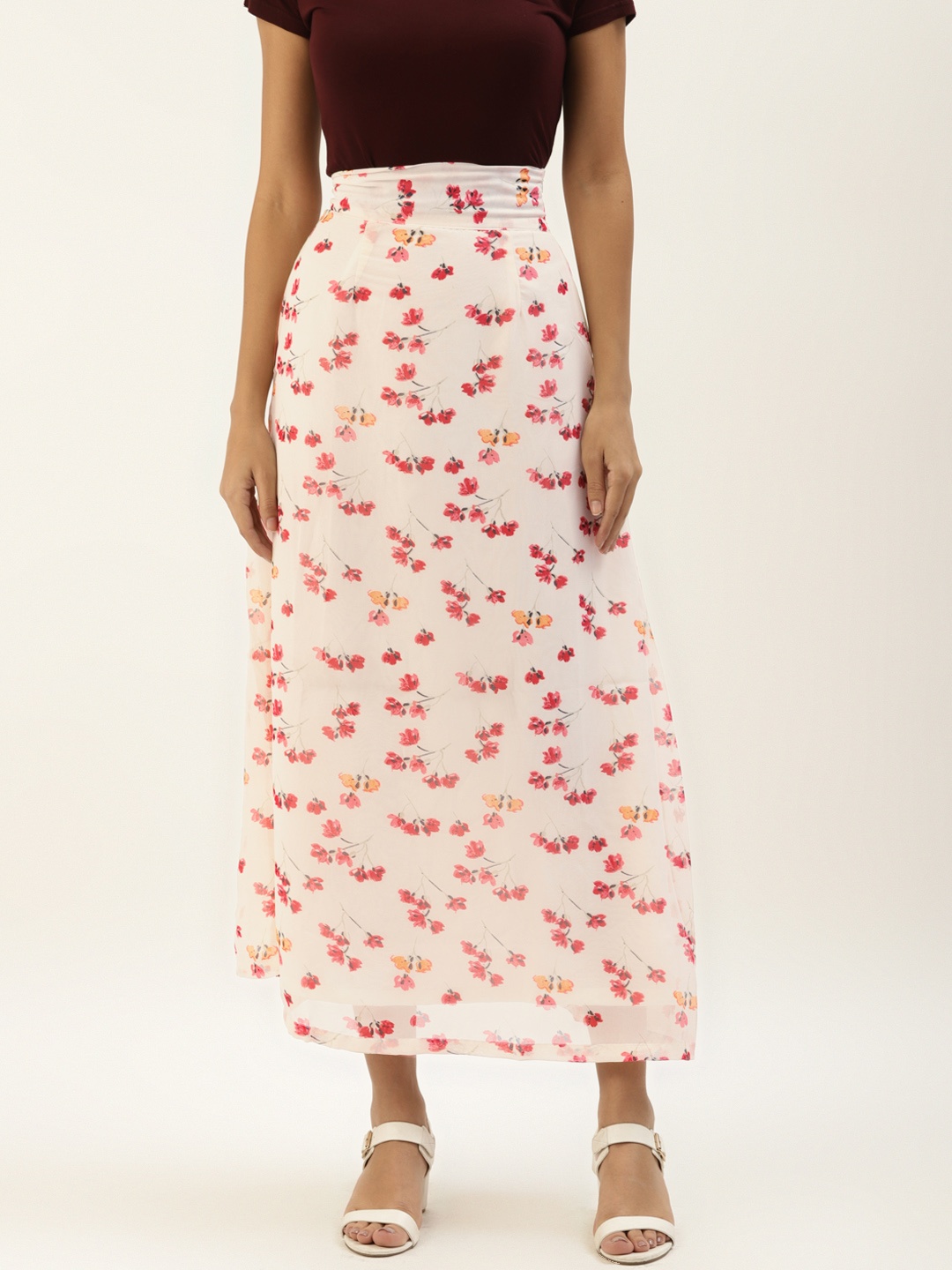 

Belle Fille Women Off White & Red Floral Print Maxi A-Line Skirt