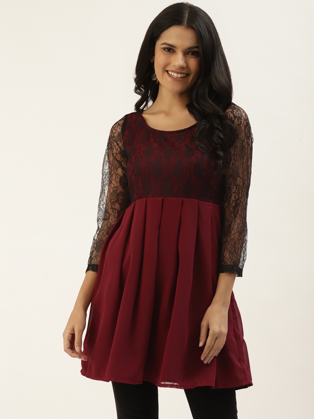 

Belle Fille Black & Maroon A-Line Top with Lace Inserts & Pleated Detail