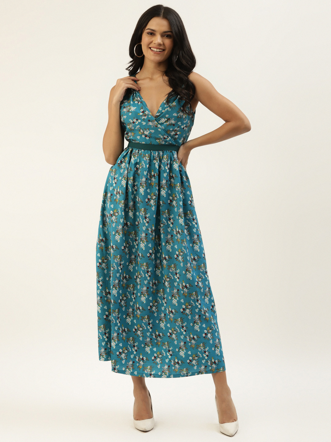 

Belle Fille Women Blue & White Floral Print Maxi Wrap Dress with Lace Inserts