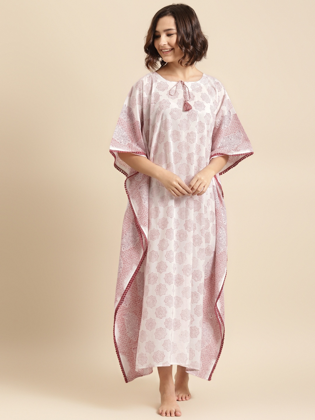 

Prakrti White & Pink Cotton Hand Block Mughal Boota Print Maxi Kaftan Nightdress