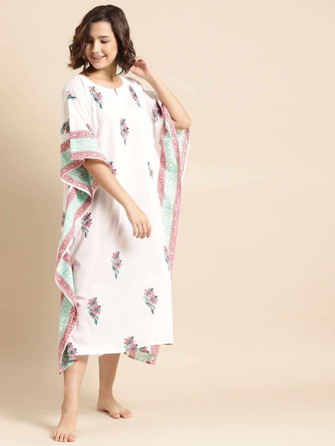 

Prakrti White & Coral Pink Cotton Hand Block Mughal Boota Print Midi Kaftan Nightdress