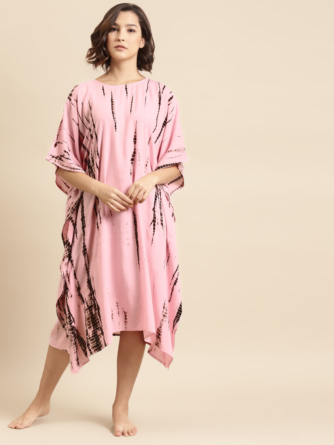 

Prakrti Pink & Coffee Brown Hand Tie & Dyed Shibori Midi Kaftan Nightdress