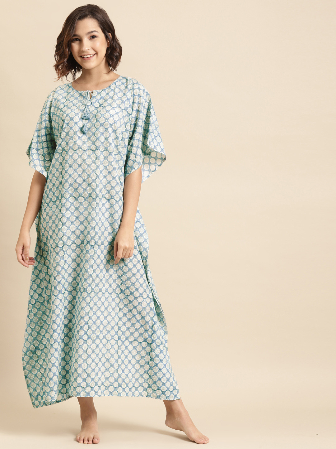 

Prakrti Blue & Green Cotton Hand Block Floral Print Maxi Kaftan Nightdress