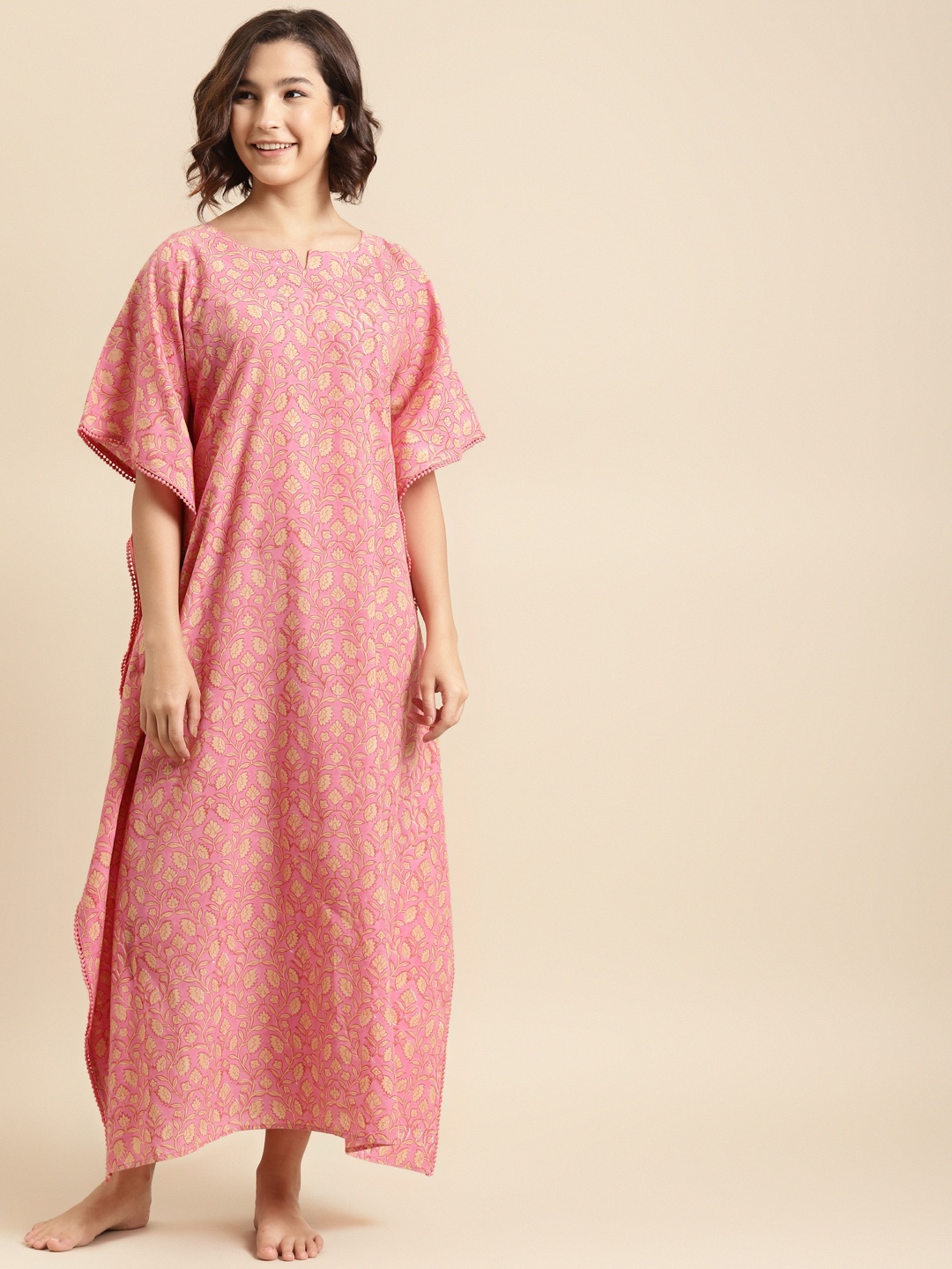 

Prakrti Pink & Cream-Coloured Cotton Hand Block Floral Jaal Print Maxi Kaftan Nightdress