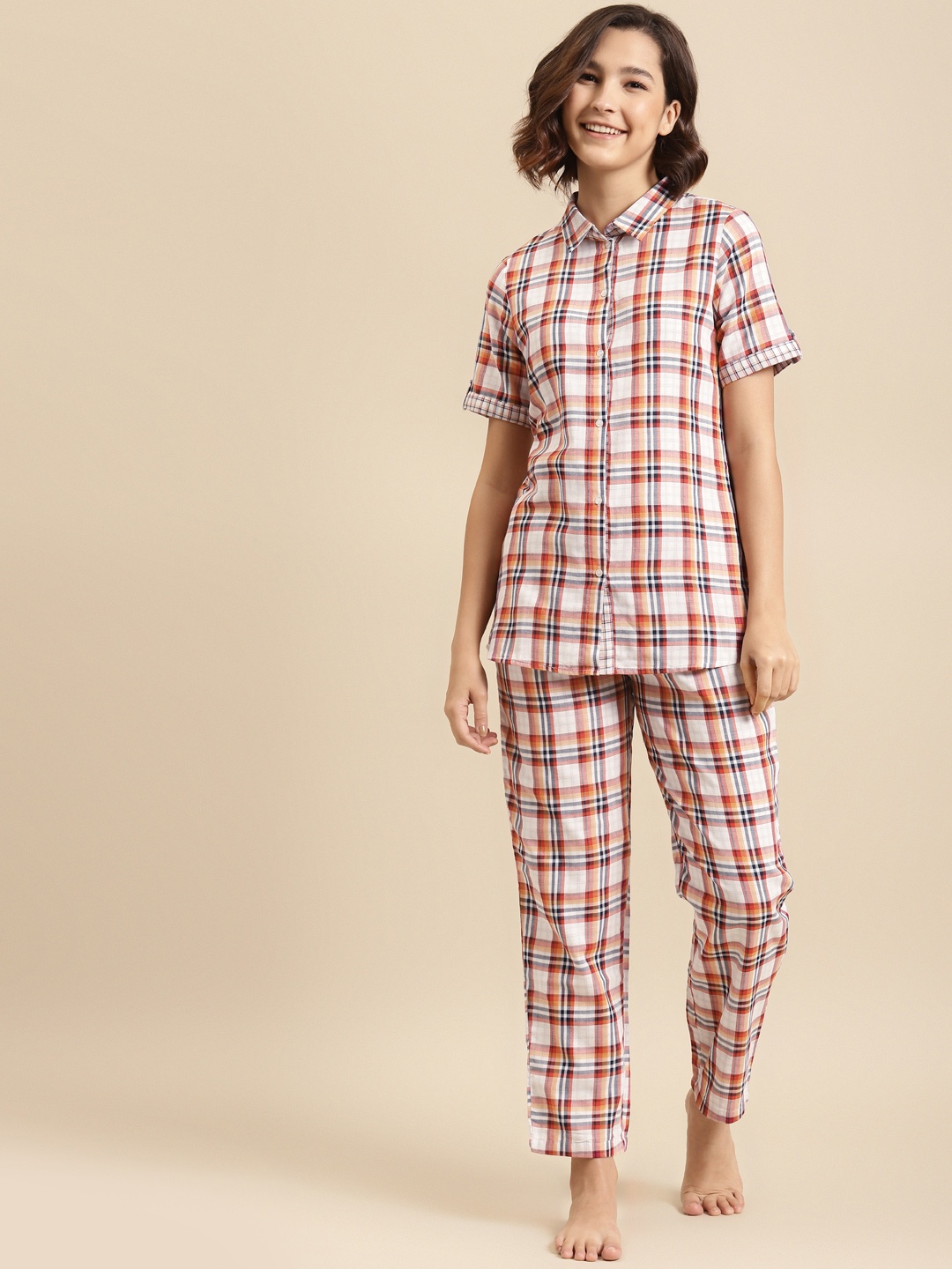 

Prakrti Women Orange & White Self-Checked Night suit