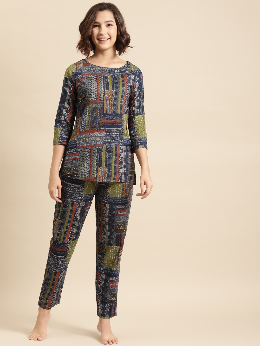 

Prakrti Women Navy Blue & Olive Green Abstract Print Cotton Night suit