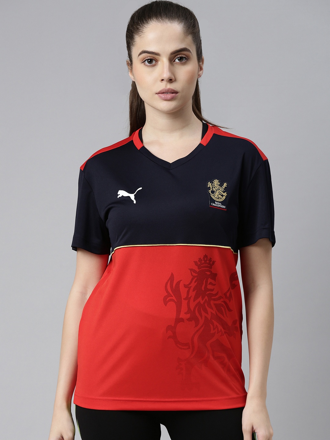 

Puma Women Red & Black Colourblocked RCB Take Down jersey V-Neck T-shirt