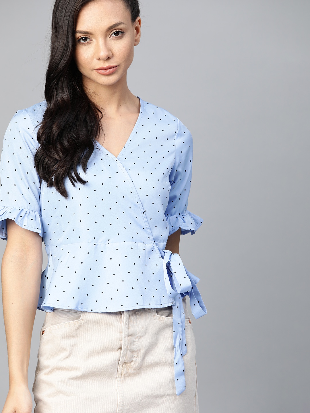 

Roadster Blue & Black Polka Dots Printed Wrap Top
