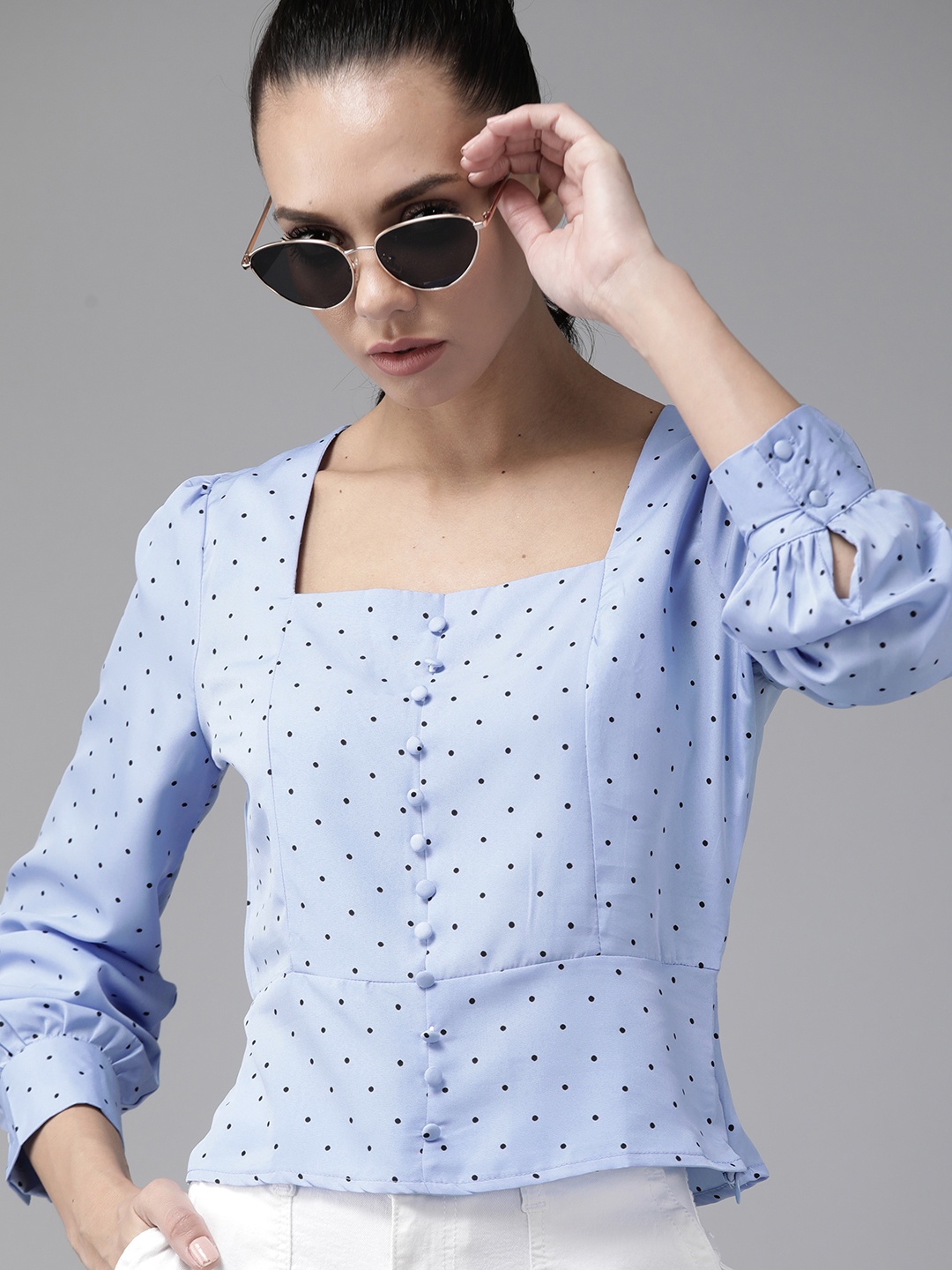 

Roadster Blue & Black Polka Dots Print Puff Sleeve Regular Top