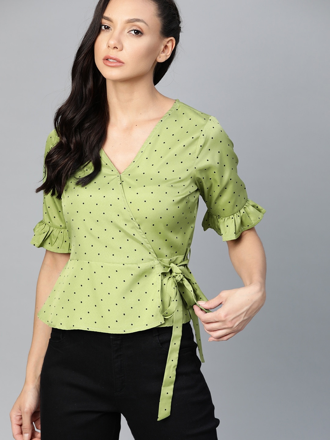 

Roadster Green & Black Polka Dots Printed Wrap Top