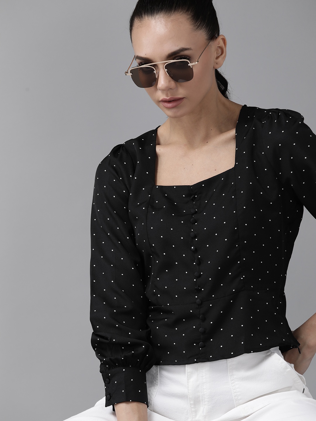 

Roadster Women Black & White Polka Dots Print Regular Top