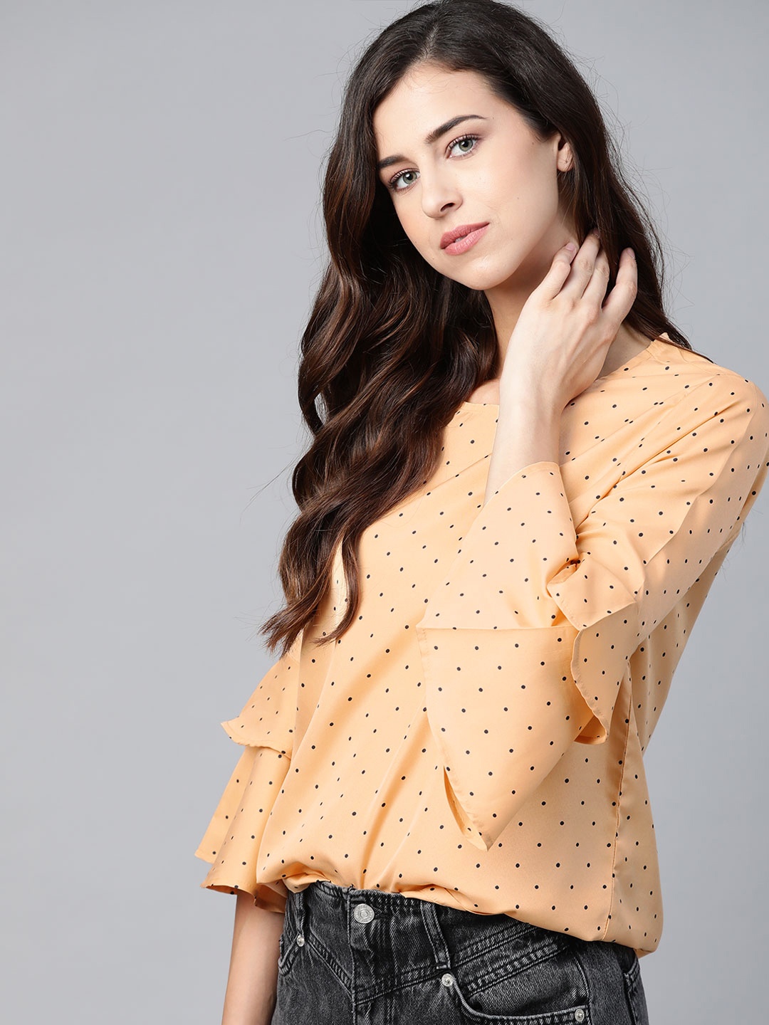 

Roadster Peach & Navy Blue Polka Dots Print Bell Sleeve Top