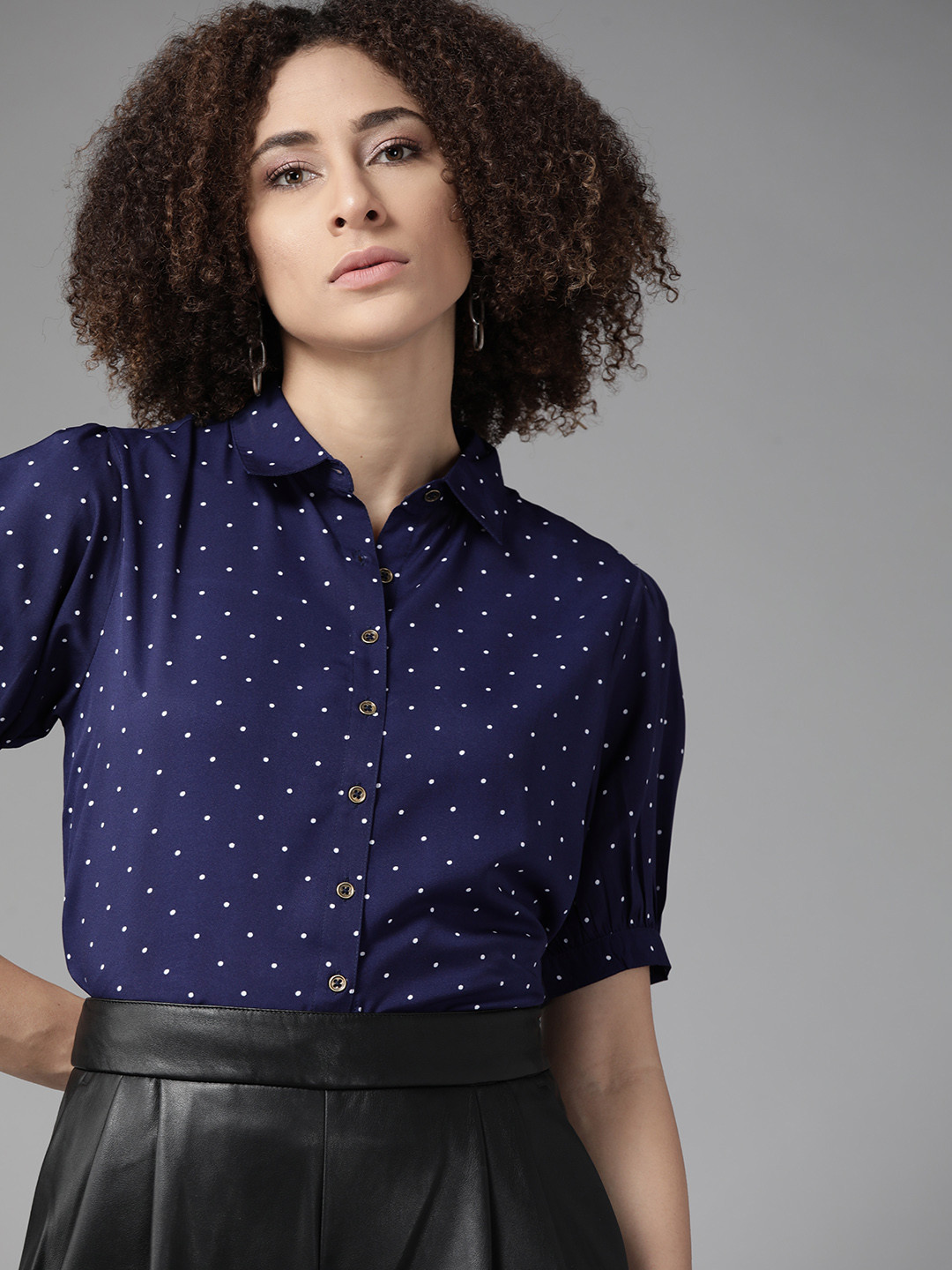

Roadster Women Navy Blue & White Opaque Polka Dot Printed Casual Shirt