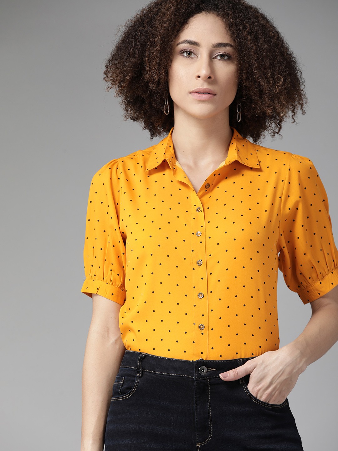 

Roadster Women Mustard Yellow & Black Opaque Polka Dot Printed Casual Shirt
