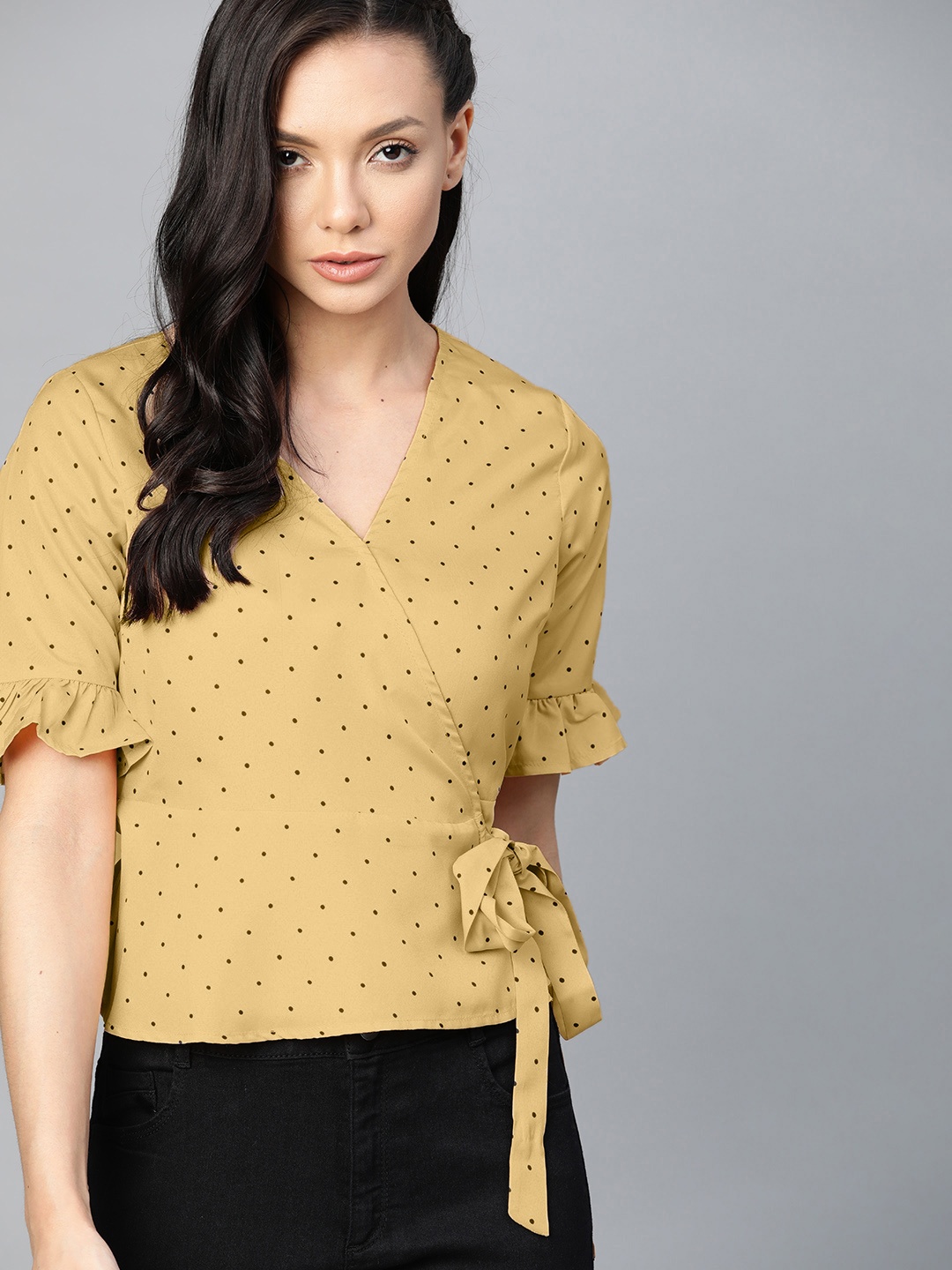 

Roadster Beige & Black Polka Dots Printed Wrap Top