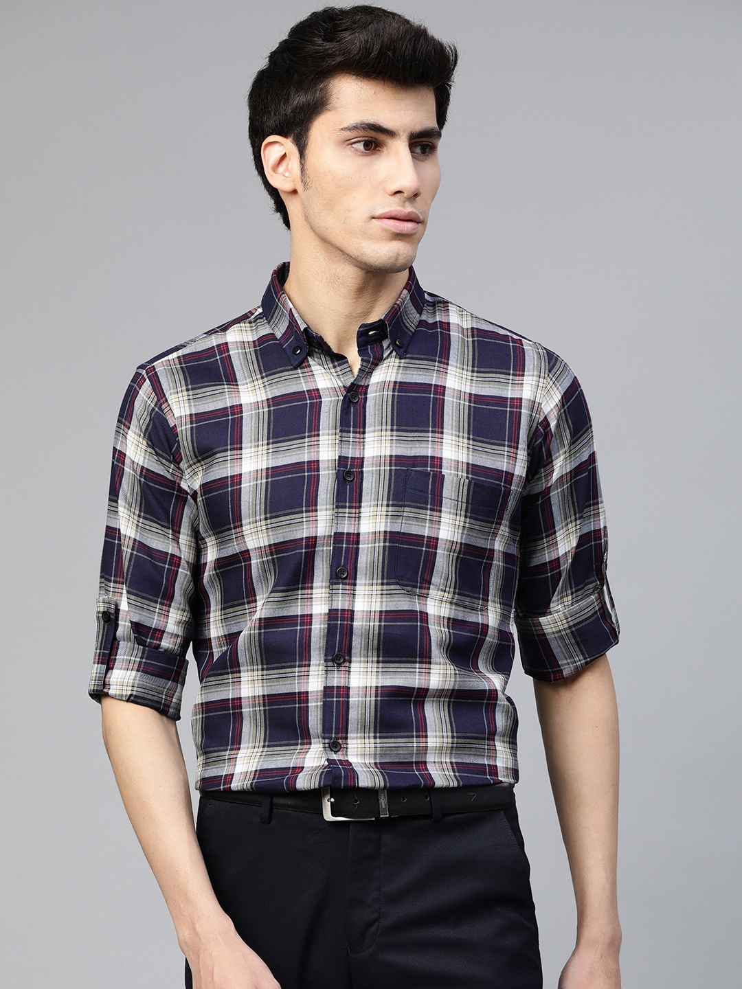 

DENNISON Men Navy Blue & Off-White Smart Slim Fit Tartan Checks Checked Formal Shirt