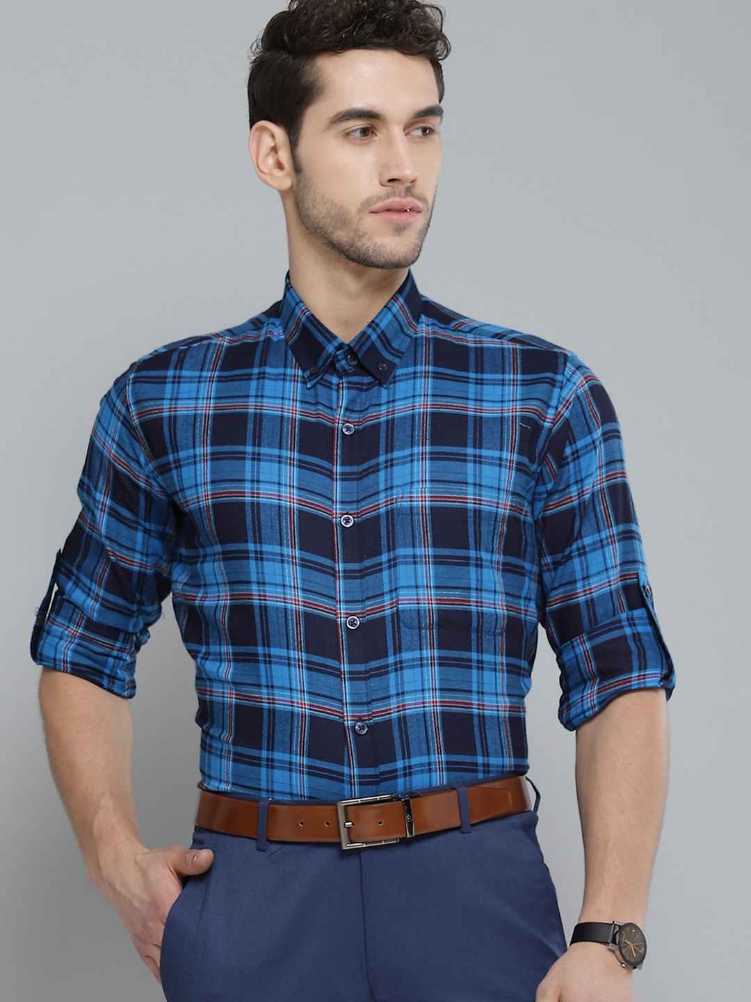 

DENNISON Men Blue & Red Smart Slim Fit Checked Cotton Twill Weave Formal Shirt