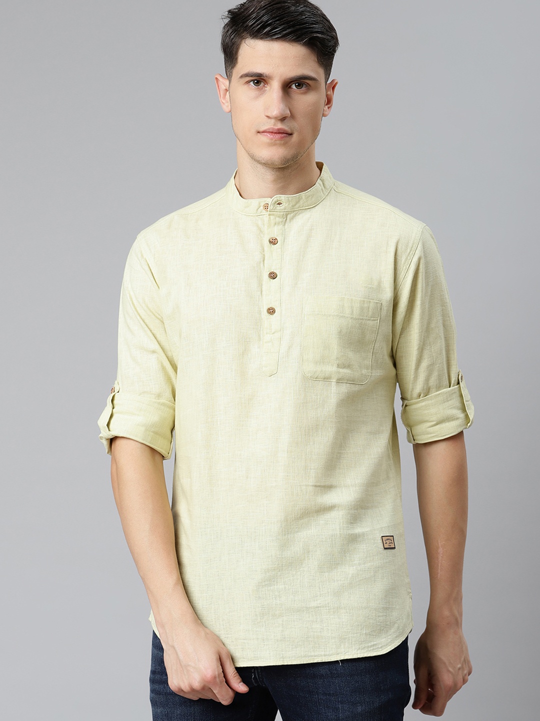 

DENNISON Men Lime Green Solid Straight Pure Cotton Short Kurta